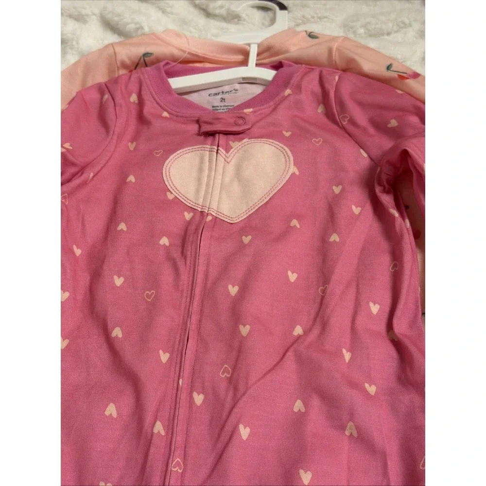 Toddler Girls' Carter's 2-Pack Pink Heart & Cherry Footie Pajamas Size 2T NWT